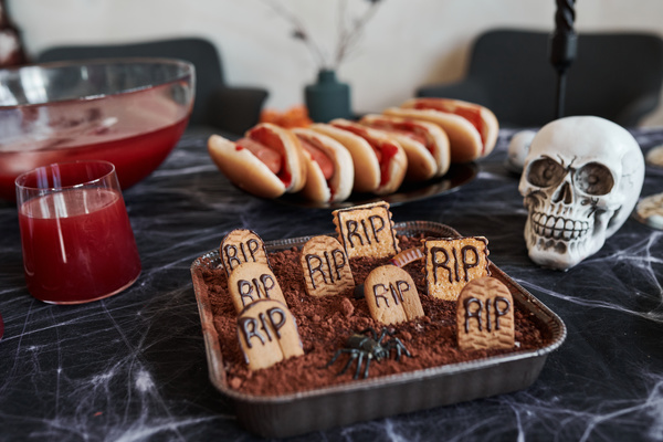 Table Decorated for Halloween with Treats